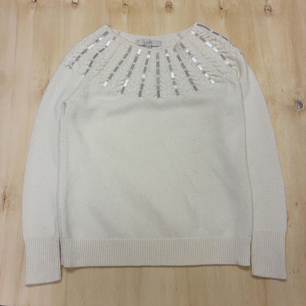 LOFT Sweater Womens Small White Crew Neck Sequin Cable Knit Pullover